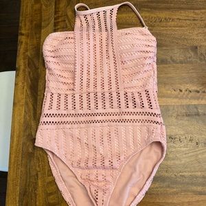 Kenneth Cole Blush Crochet High Neck Swimsuit